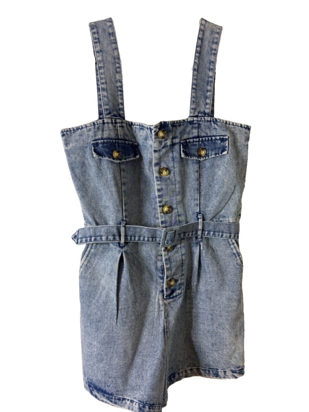 VIGOSS Denim Romper Women’s Large Acid Wash Belted Button Front NWT